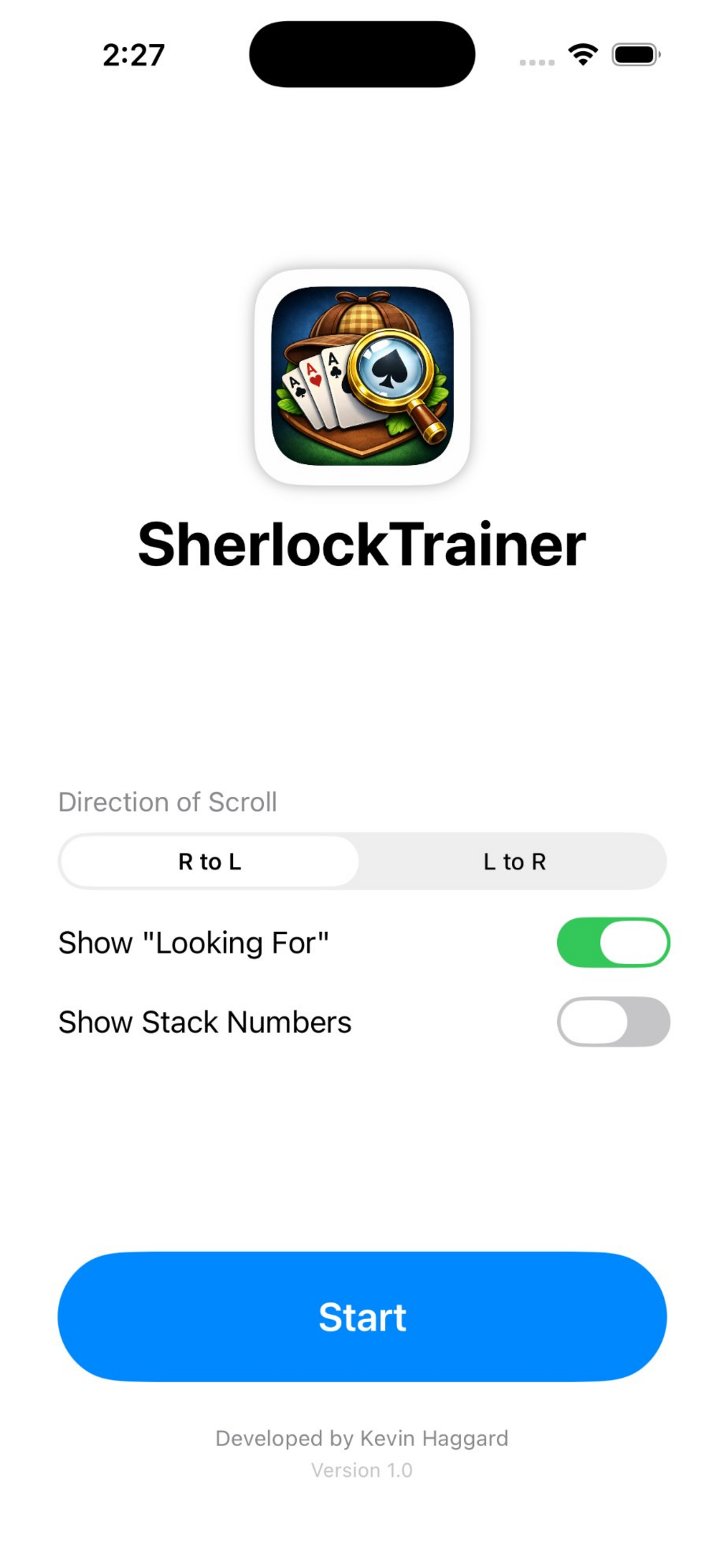 SherlockTrainer Home Screen